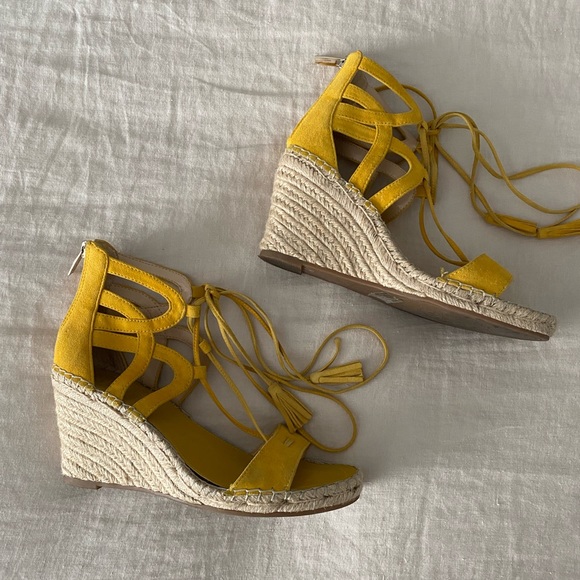 Yellow suede lace up wedge heel espadrilles by Vince Camuto - Picture 5 of 6
